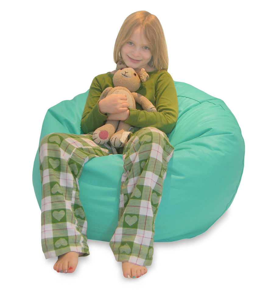 Child sitting on aqua outdoor bean bag chair holding stuffed toy soft weather resistant kids seating