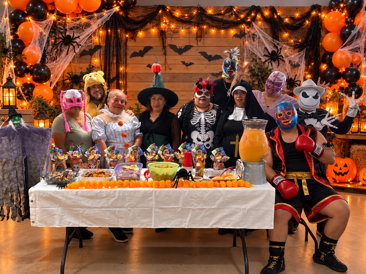 A group of nine people wearing colorful Halloween costumes pose behind a decorated table filled with candy, orange paper, and a pitcher of orange juice in a festive indoor party setting.