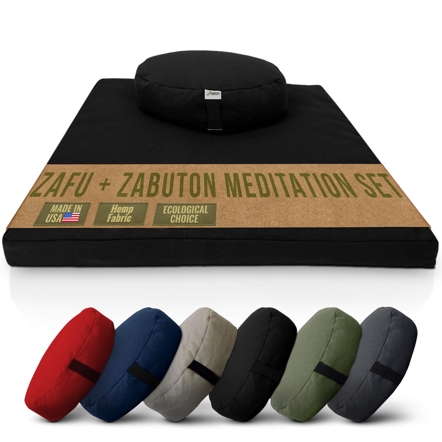 Black hemp meditation cushion set including round zafu and zabuton mat filled with organic buckwheat hulls