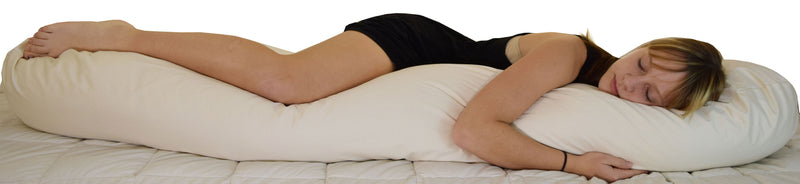 young woman cuddling with sleeping bean body pillow