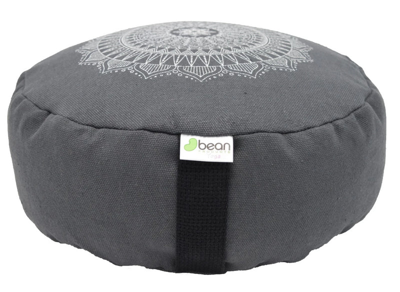 Hemp Zafu meditation cushion organic buckwheat hull fill with mandala design made in USA shaddow grey gray