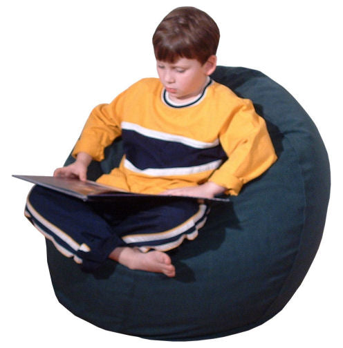 Child sitting on black kids bean bag chair reading book, soft organic cotton bean bag for comfort seating