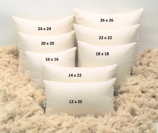 Organic kapok throw pillows size chart showing multiple sizes including Euro and lumbar options on neutral soft background