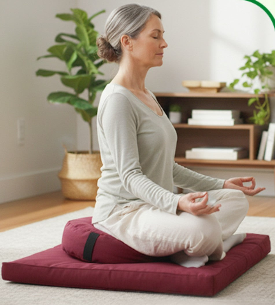 Woman meditating on a zafu cushion on top of zabuton mat