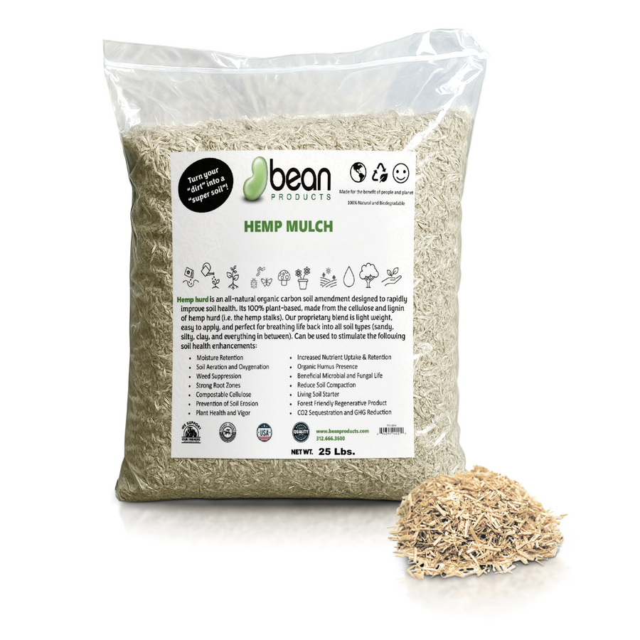 Hemp Mulch Hurd 25 lb bag with natural hemp mulch pile for gardening and landscaping