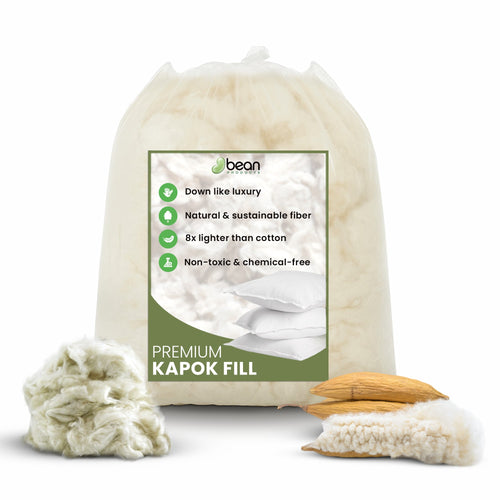 Bag of premium kapok fiber fill with product sample and brand label on a white background