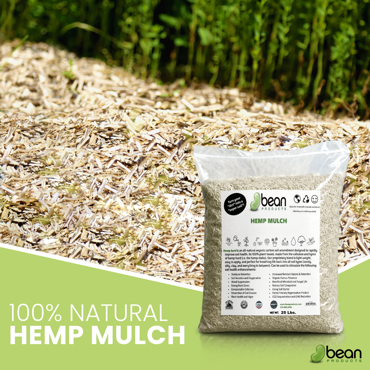 Hemp Mulch Hurd 2 lbs bag with close-up of natural hemp mulch texture