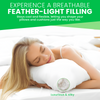 Woman sleeping with a kapok fiber filled pillow, text about breathable feather-light filling