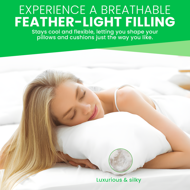 Woman sleeping with a kapok fiber filled pillow, text about breathable feather-light filling