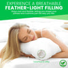 Woman lying on a kapok filled pillow with text about breathable feather-light filling