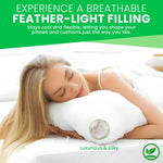 Woman lying on a kapok filled pillow with text about breathable feather-light filling