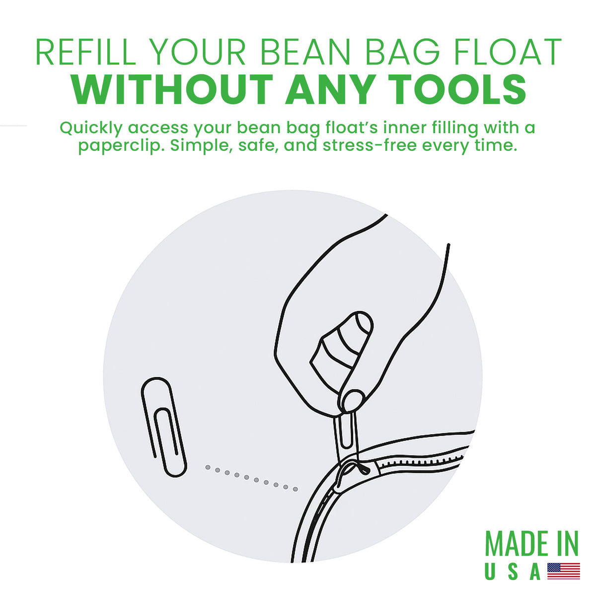 Instructions for refilling a bean bag float using a paperclip, with a hand illustration and text on a white background.