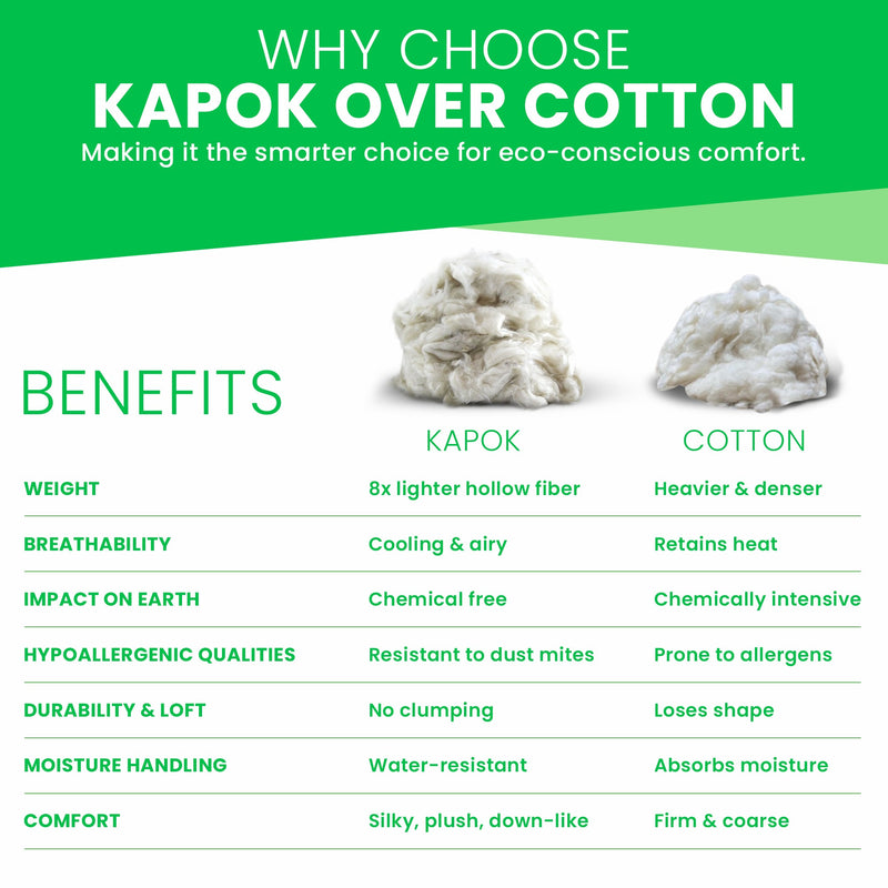 Comparison chart of kapok and cotton benefits on a green and white background
