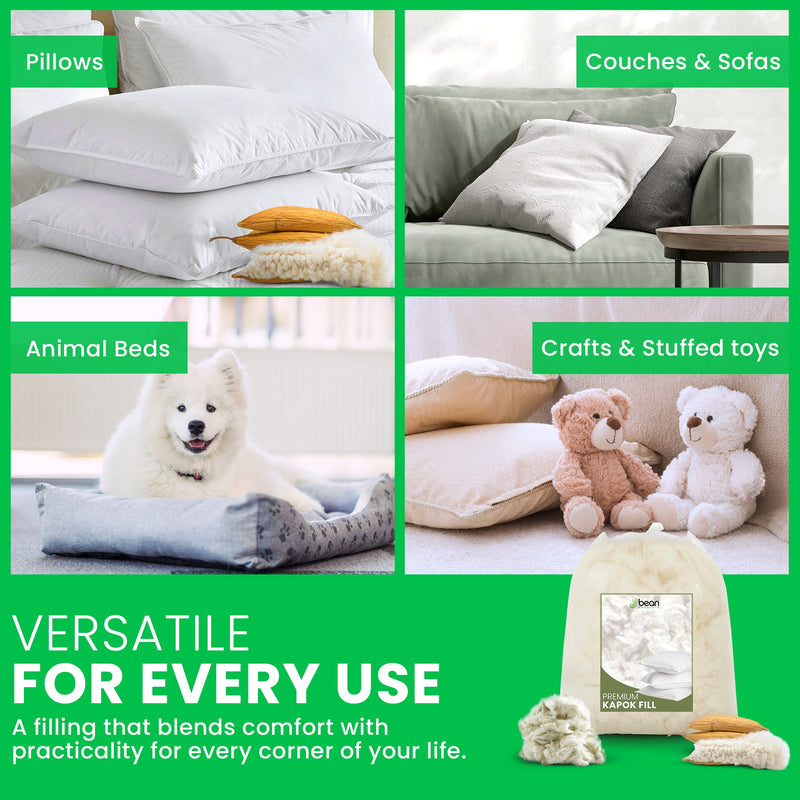 Collage of various home products made with kapok fiber including pillows, couches, animal beds, and crafts with a green border and text.