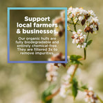 Flowering Buckwheat plant and description of organic hulls and supporting local farmers