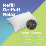 White pillow with a close-up of organic buckwheat hull stuffing material on a blue and green background, featuring text about product uses.