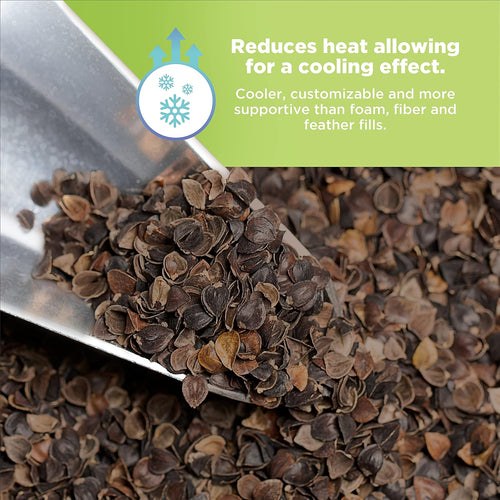 Close-up of a metal scoop filled with small brown organic buckwheat hulls against a green background with text about cooling effect.