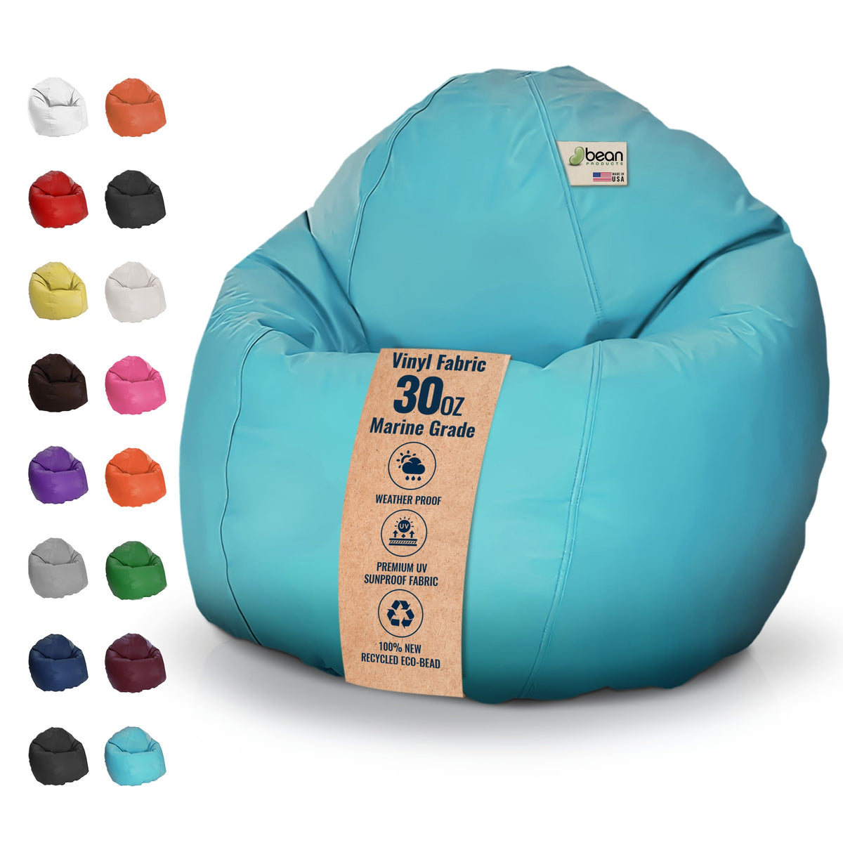 Teal marine grade vinyl bean bag chair waterproof UV resistant indoor outdoor seating