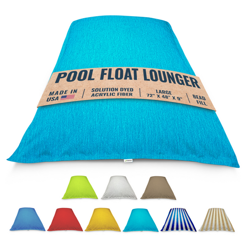 Aqua Turquoise bean bag pool float lounger with label and color options below on a white background by Bean Products made in USA