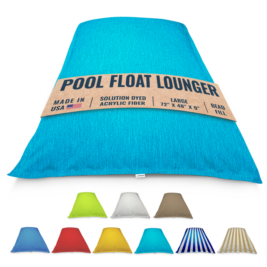 Aqua Turquoise bean bag pool float lounger with label and color options below on a white background by Bean Products made in USA