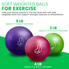 Three soft weighted exercise balls in purple, pink, and green with their respective weights and sizes on a green background.