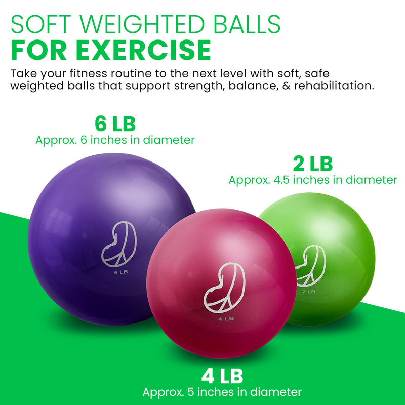 Three soft weighted exercise balls in purple, pink, and green with their respective weights and sizes on a green background.