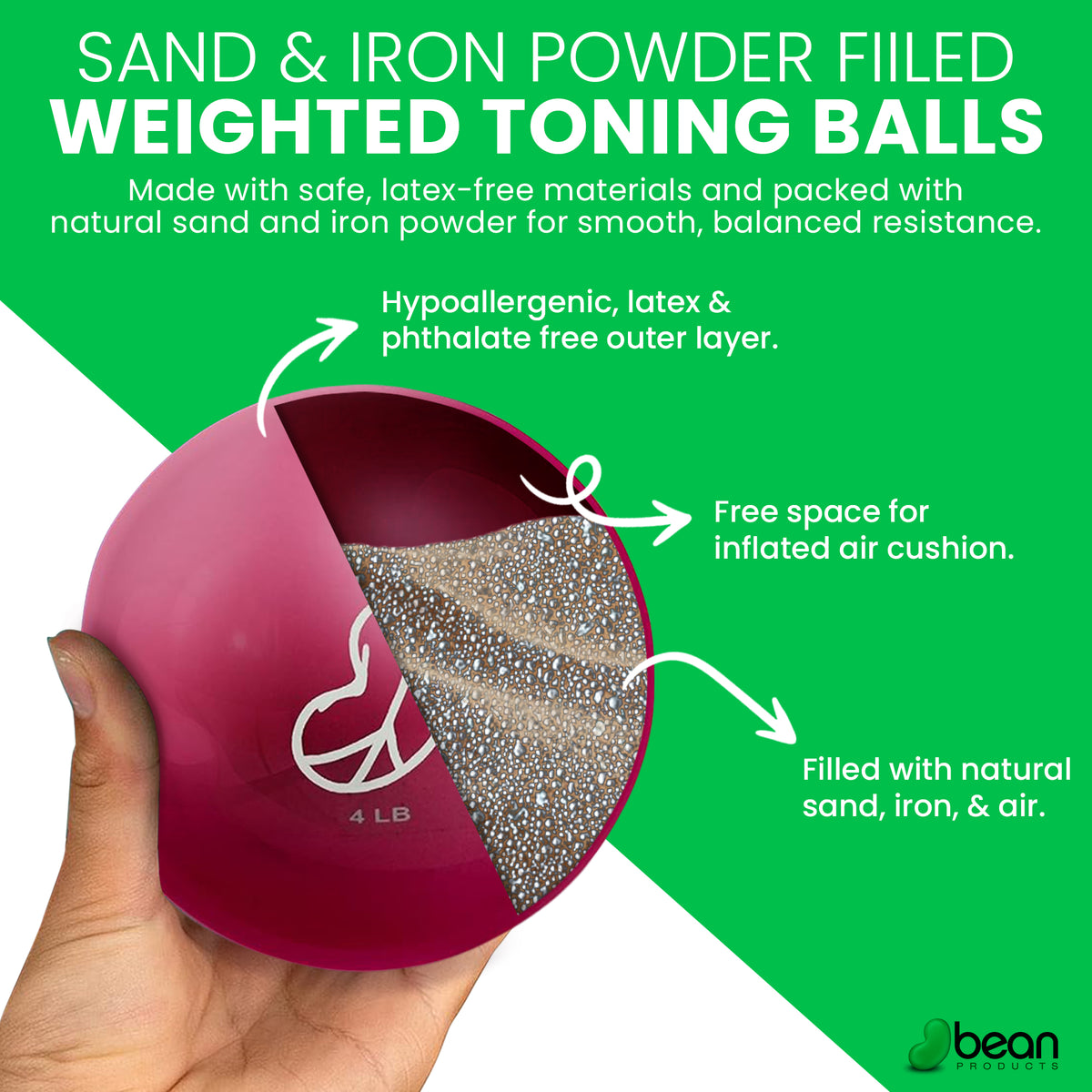 Pink weighted soft weighted toning ball with detailed cross-section on a green background, featuring text about its composition no toxic phthalates or latex.