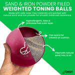Pink weighted soft weighted toning ball with detailed cross-section on a green background, featuring text about its composition no toxic phthalates or latex.
