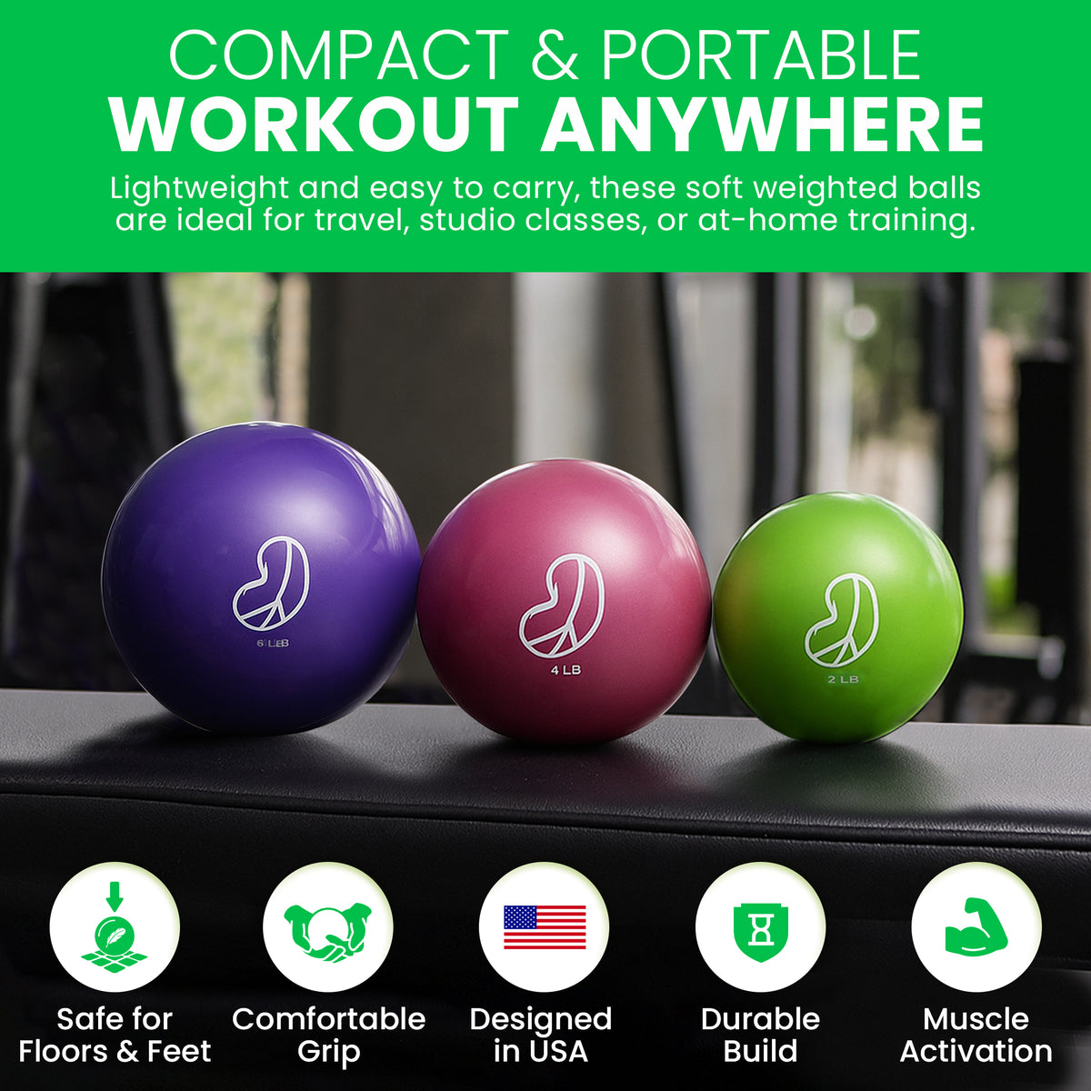 Three soft weighted balls in purple, pink, and green on a black surface with promotional text and icons.