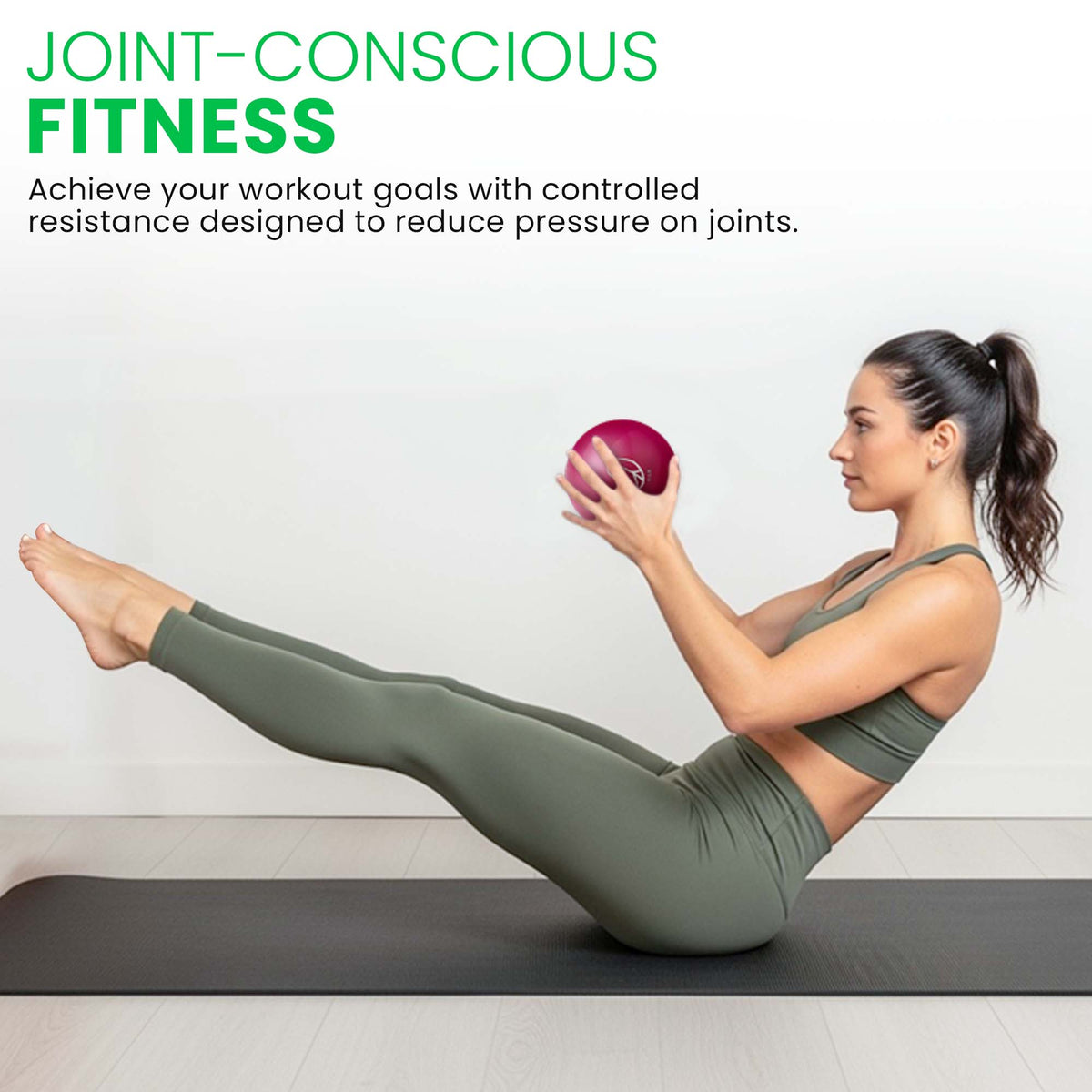 Woman exercising with a soft weighted resistance ball on a mat, promoting joint-conscious fitness.