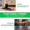 Two people using fitness balls for yoga and Pilates exercises with text describing benefits.