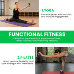 Two people using fitness balls for yoga and Pilates exercises with text describing benefits.