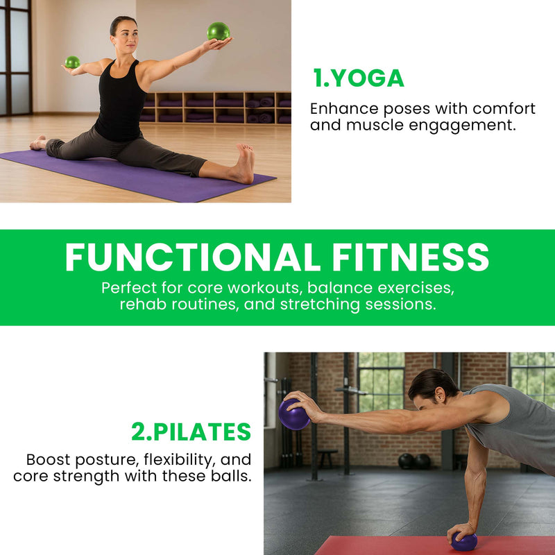 Two people using fitness balls for yoga and Pilates exercises with text describing benefits.