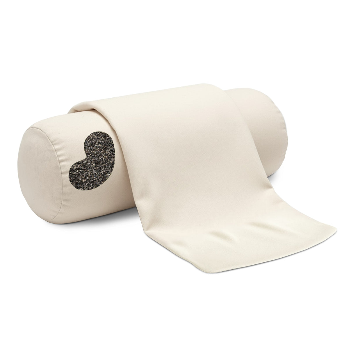 Neck roll pillow with open end showing natural hull filling and cotton casing
