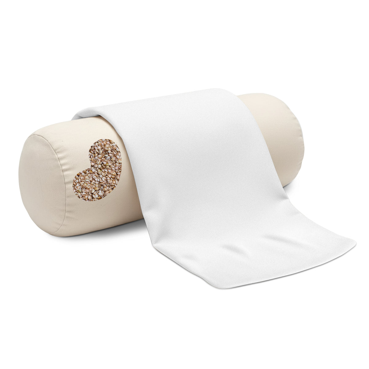 Buckwheat neck roll pillow with unrolled cotton cover showing inner structure