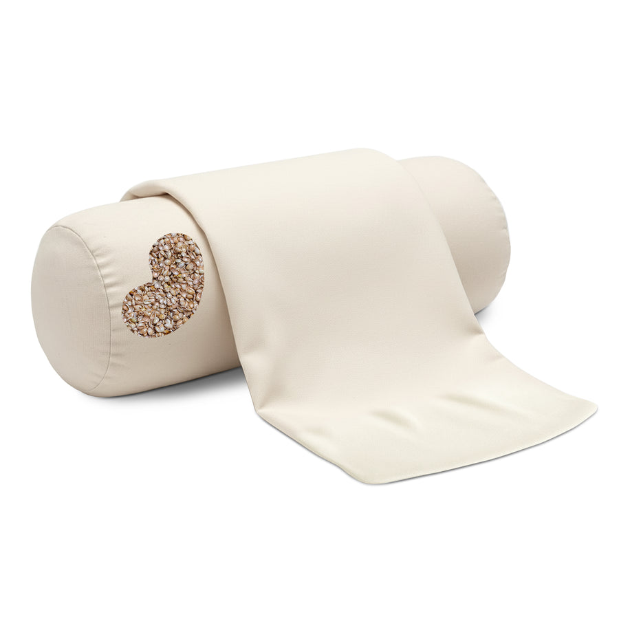 Millet hull neck roll pillow with soft organic cotton wrap partially opened