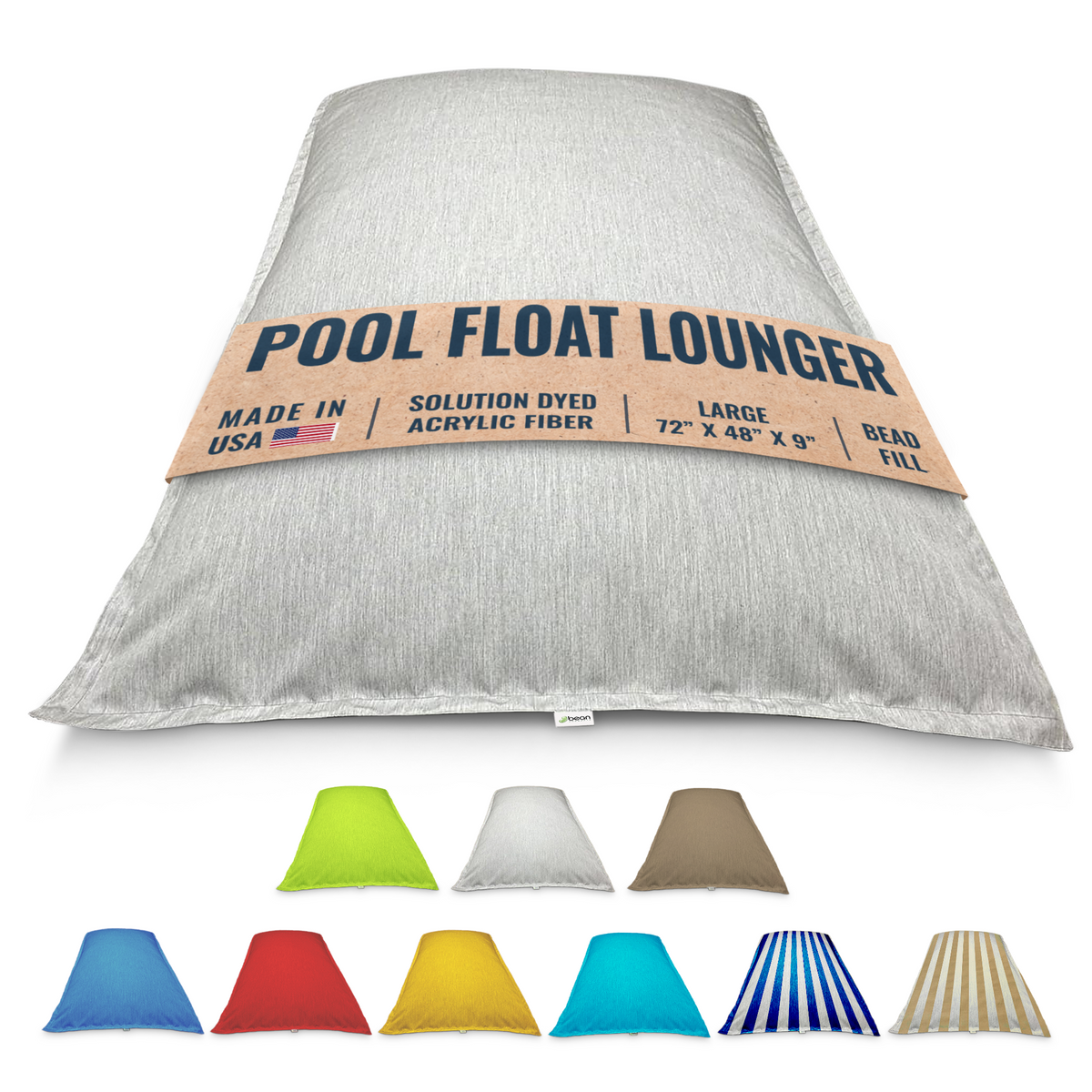 Light grey bean bag pool float lounger with label and color options below on a white background by Bean Products made in USA