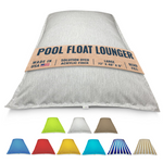 Light heather gray grey bean bag pool float lounger with label and color options below on a white background by Bean Products made in USA