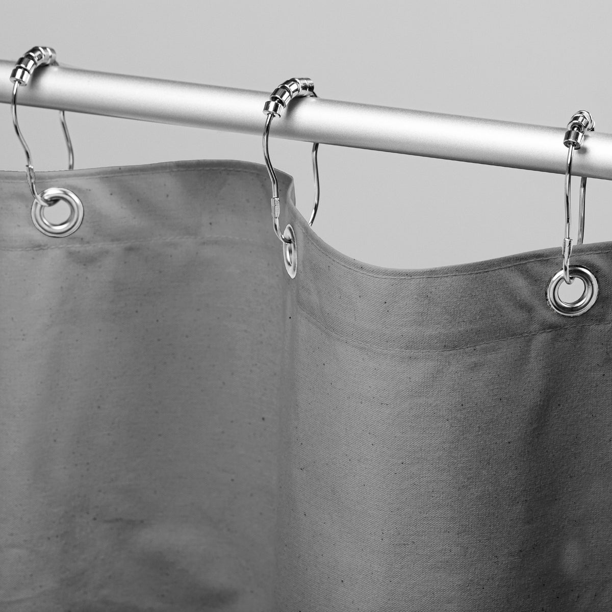 Gray organic cotton shower curtain with rust-resistant grommets