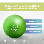 Green soft weight toning exercise yoga pilates ball with text about its features on a gray background