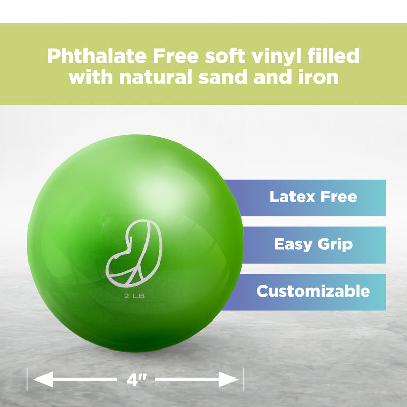 Green soft weight toning exercise yoga pilates ball with text about its features on a gray background