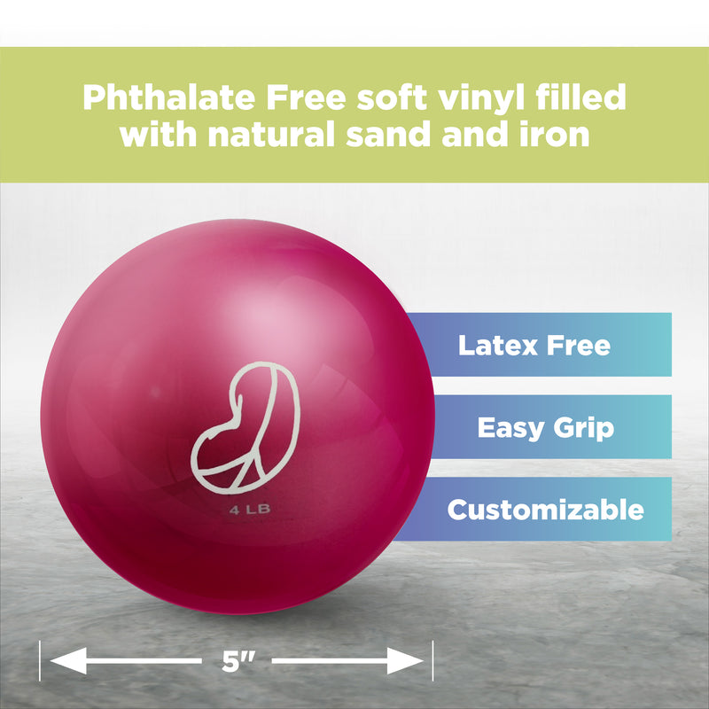 Pink soft weighted toning exercise ball with text about phthalate-free soft vinyl, natural sand, iron, latex-free, easy grip, customizable, and size 5".