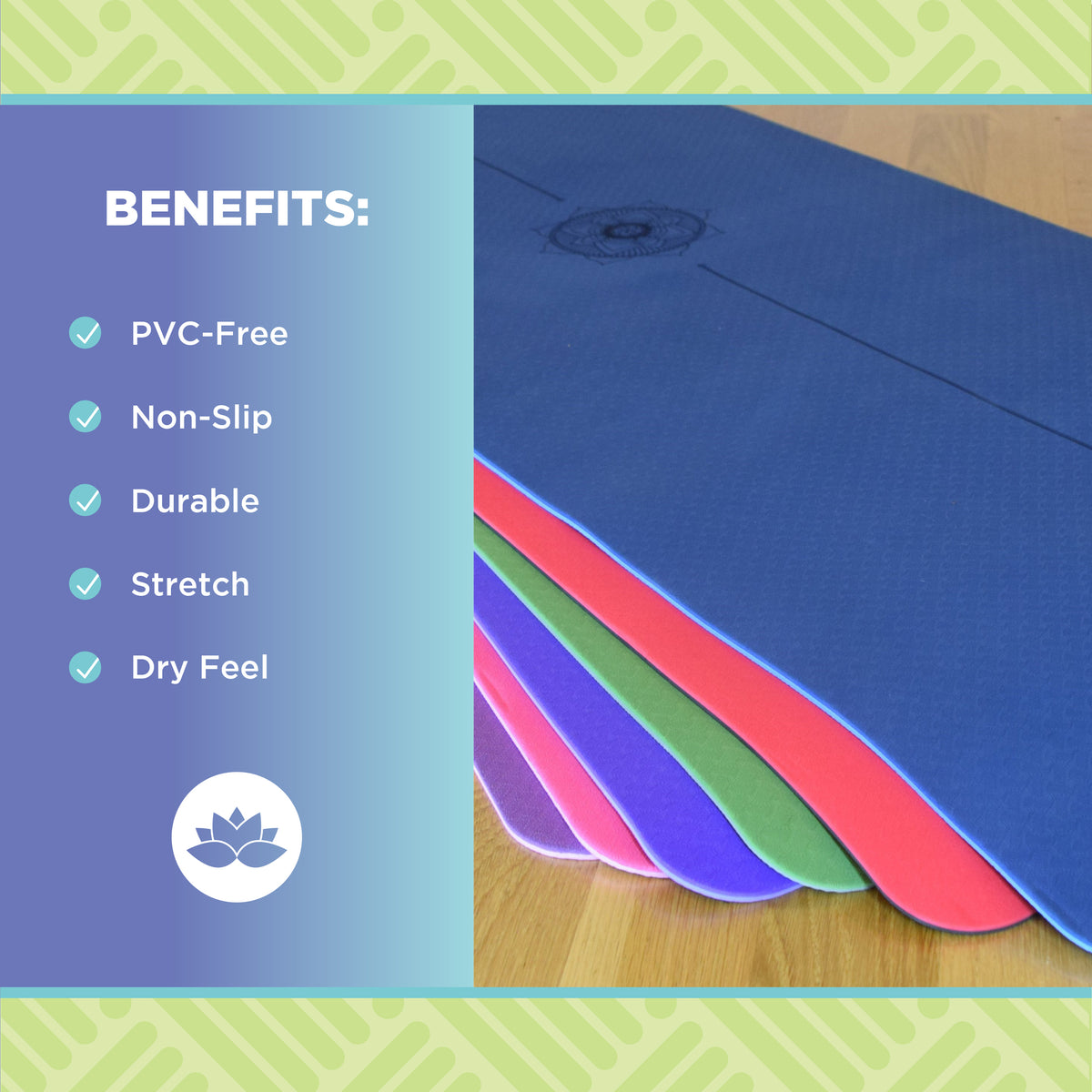 Yoga mat benefits infographic showing cushioning thickness durability and alignment guide