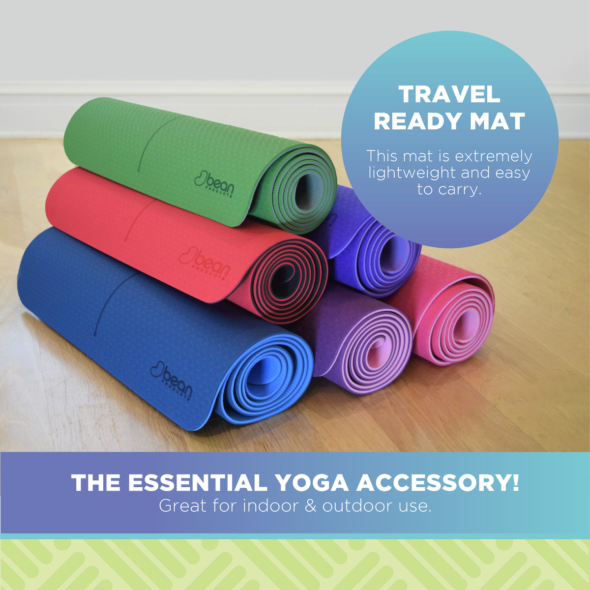 Stack of colorful rolled yoga mats with travel ready lightweight design for indoor and outdoor use