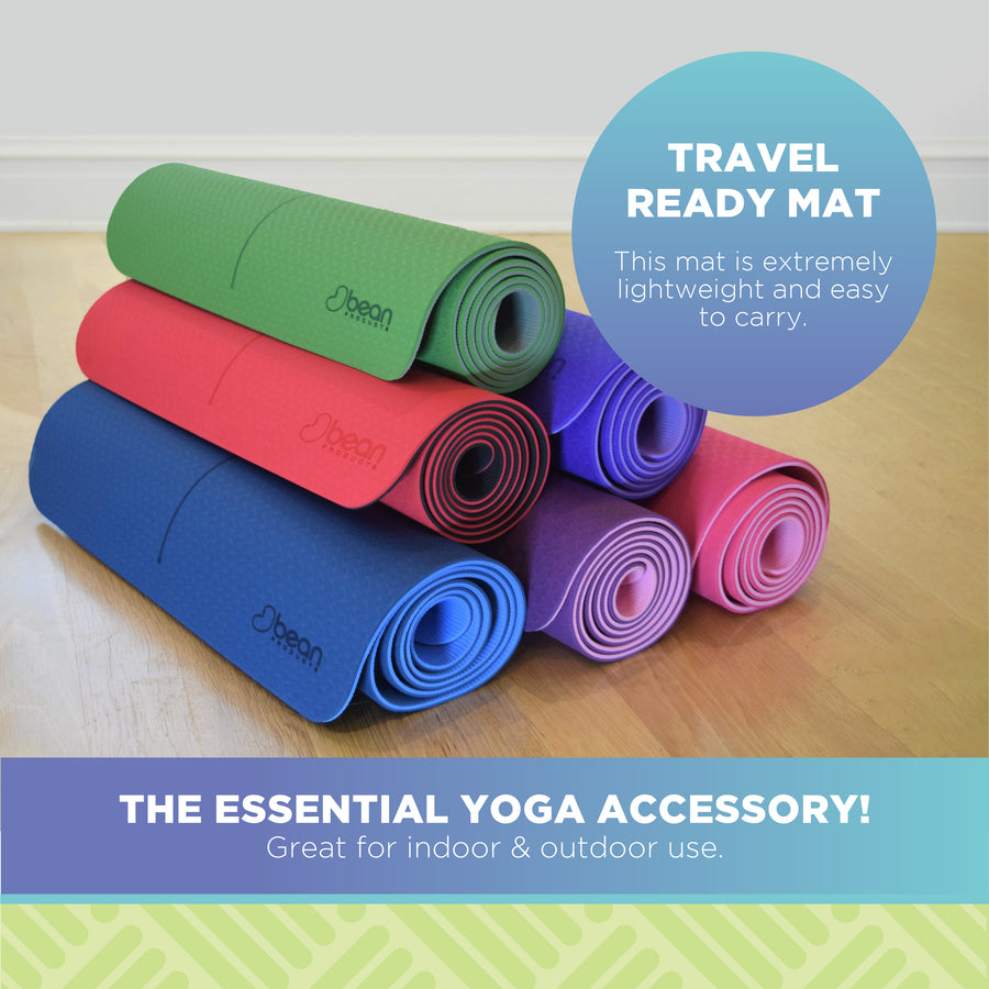 Stack of colorful rolled yoga mats with travel ready lightweight design for indoor and outdoor use