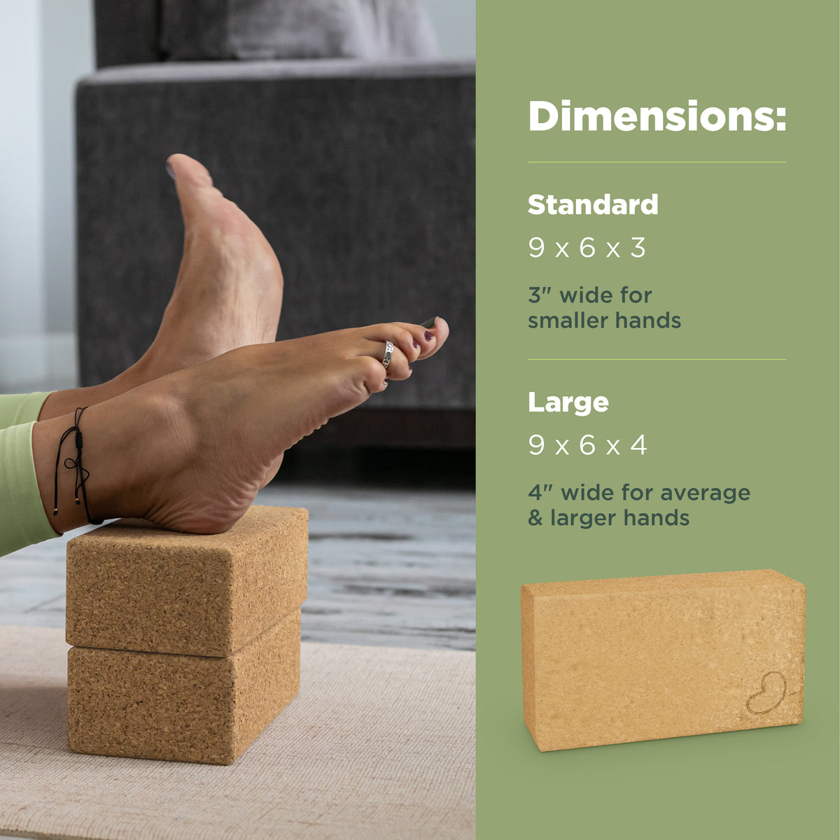 Cork yoga block size chart showing dimensions 9 x 6 x 3 inches, eco-friendly cork wood block with beveled edges and easy grip