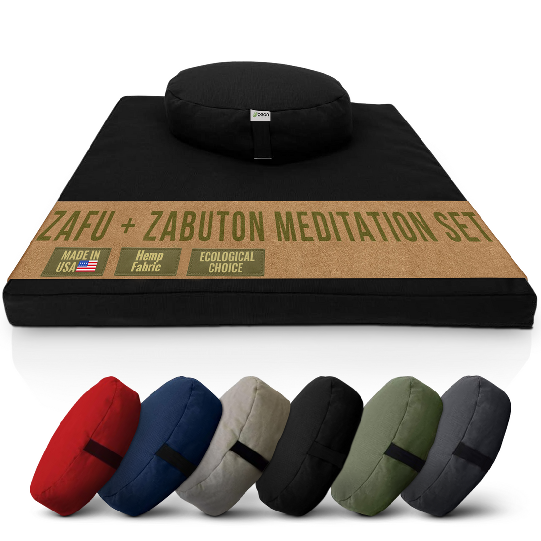 Black hemp meditation cushion set including round zafu and zabuton mat filled with organic buckwheat hulls