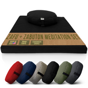 Black hemp meditation cushion set including round zafu and zabuton mat filled with organic buckwheat hulls