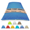 Blue bean bag pool float lounger with label and color options below on a white background by Bean Products made in usa