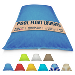 Blue bean bag pool float lounger with label and color options below on a white background by Bean Products made in usa